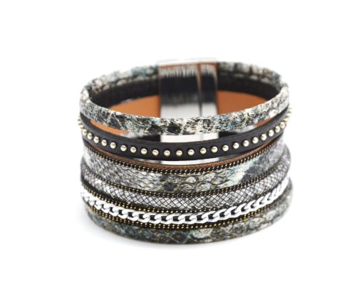 Bracelet-Manchette-Multi-Rangs-Simili-Cuir-Ecailles-Chaine-Clous-et-Resille-Noir