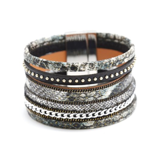 Bracelet-Manchette-Multi-Rangs-Simili-Cuir-Ecailles-Chaine-Clous-et-Resille-Noir