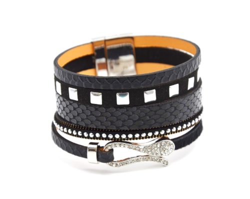 Bracelet-Manchette-Multi-Rangs-Cuir-Ecailles-Clous-et-Serpent-Strass-NoirArgente