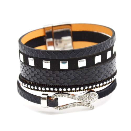 Bracelet-Manchette-Multi-Rangs-Cuir-Ecailles-Clous-et-Serpent-Strass-NoirArgente