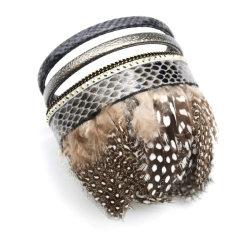 Bracelet-Manchette-Multi-Rangs-Cuir-Ecailles-Clous-et-Plumes-de-Paon-Ethnique-Gris