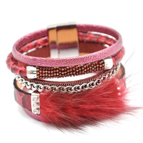 Bracelet-Manchette-Multi-Rangs-Cuir-Ecailles-Chaine-et-Bande-Fourrure-Bordeaux