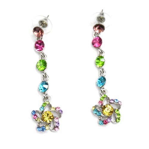 Boucles-dOreilles-Pendantes-Tombee-de-Strass-et-Fleur-Strass-Multicolore