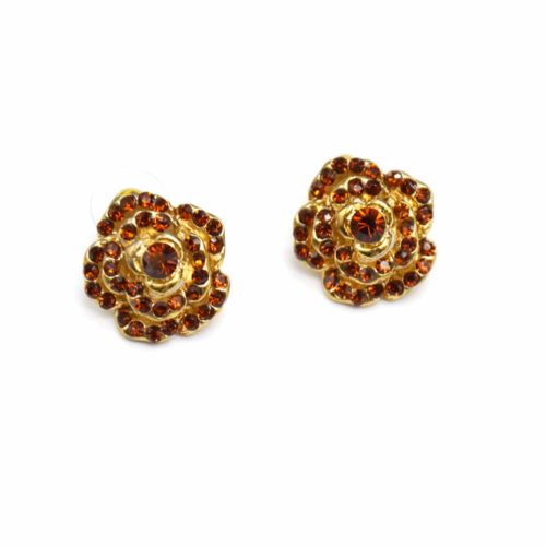 Boucles-dOreilles-Rose-Fleur-Metal-Dore-et-Strass-Marron