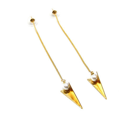 Boucles-dOreilles-Pendantes-Longue-Fine-Chaine-et-Triangle-Inverse-Dore-Perle-Blanche