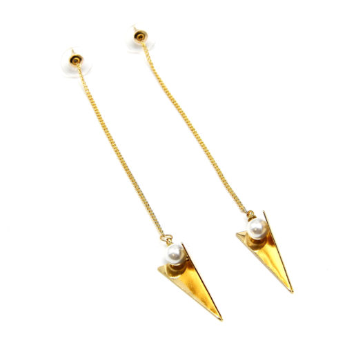 Boucles-dOreilles-Pendantes-Longue-Fine-Chaine-et-Triangle-Inverse-Dore-Perle-Blanche