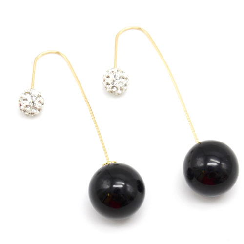 Boucles-dOreilles-Traversantes-Boule-Strass-Tige-Metal-Dore-et-Perle-Noire