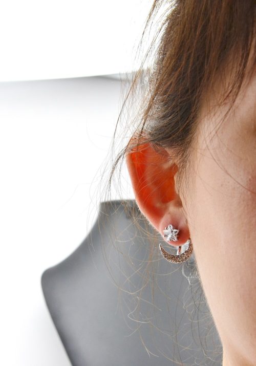 BO376E - Boucles d'Oreilles Balancier Etoile et Lune Strass Métal Argenté – Image 2