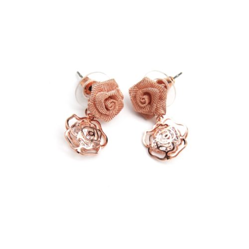 Boucles-dOreilles-Fleur-Metal-Or-Rose-et-Fleur-Ciselee-avec-Pierre-Zirconium