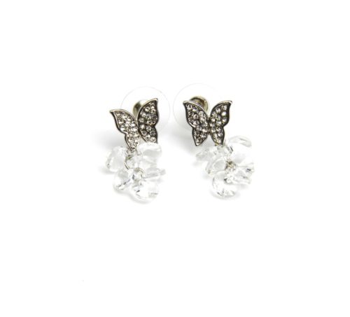 Boucles-dOreilles-Papillon-Metal-Strass-Argente-et-Grappe-de-Perles-Transparentes