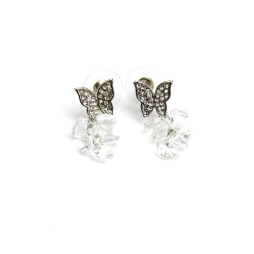 Boucles-dOreilles-Papillon-Metal-Strass-Argente-et-Grappe-de-Perles-Transparentes