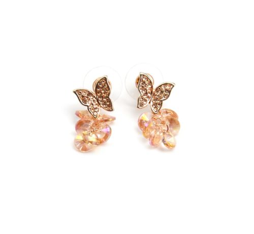 Boucles-dOreilles-Papillon-Strass-Or-Rose-et-Grappe-de-Perles-Vieux-Rose