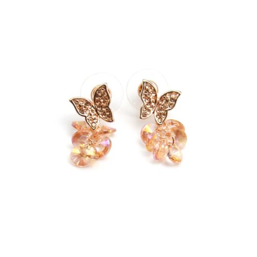 Boucles-dOreilles-Papillon-Strass-Or-Rose-et-Grappe-de-Perles-Vieux-Rose