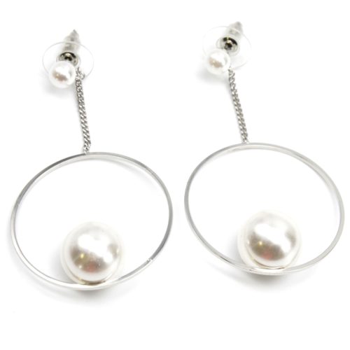 Boucles-dOreilles-Cercle-Contour-Metal-Argente-avec-Perles-Blanches