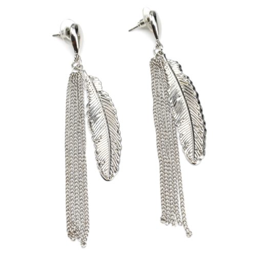 Boucles-dOreilles-Plume-Ethnique-et-Chaines-Metal-Argente