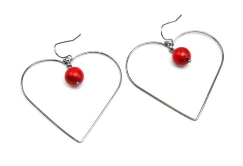 Boucles-dOreilles-Coeur-Contour-Metal-Argente-avec-Pierre-Effet-Marbre-Rouge