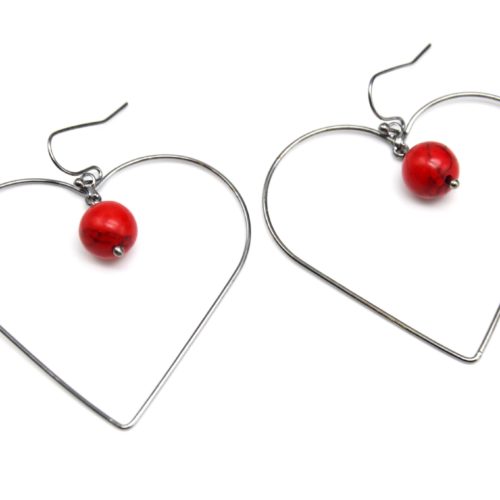 Boucles-dOreilles-Coeur-Contour-Metal-Argente-avec-Pierre-Effet-Marbre-Rouge