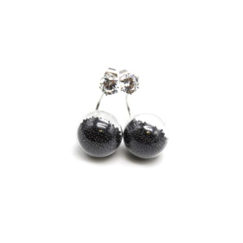 Boucles-dOreilles-Double-Pierre-Metal-Argente-et-Boule-Verre-Billes-Noir