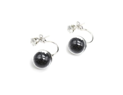 Boucles-dOreilles-Double-Pierre-Metal-Argente-et-Boule-Verre-Billes-Noir