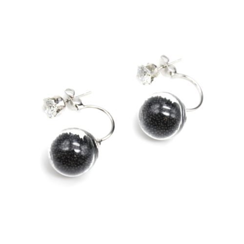 Boucles-dOreilles-Double-Pierre-Metal-Argente-et-Boule-Verre-Billes-Noir