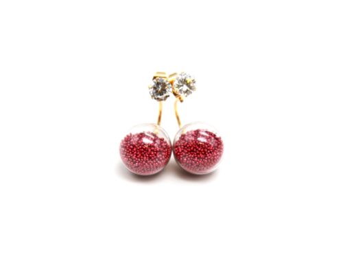 Boucles-dOreilles-Double-Pierre-Metal-Dore-et-Boule-Verre-Billes-Bordeaux