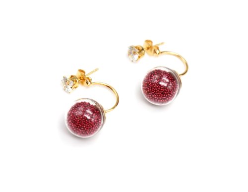 Boucles-dOreilles-Double-Pierre-Metal-Dore-et-Boule-Verre-Billes-Bordeaux