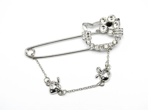 BR01 - Broche Tête Chat Contour Strass Argenté et Chaîne Pendante avec Charms - Mode Fantaisie
