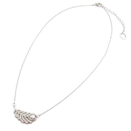 Collier-Fine-Chaine-et-Pendentif-Plume-Strass-Zirconium-Metal-Argente