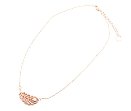 CC1005E - Collier Fine Chaîne et Pendentif Plume Strass Zirconium Or Rose - Mode Fantaisie