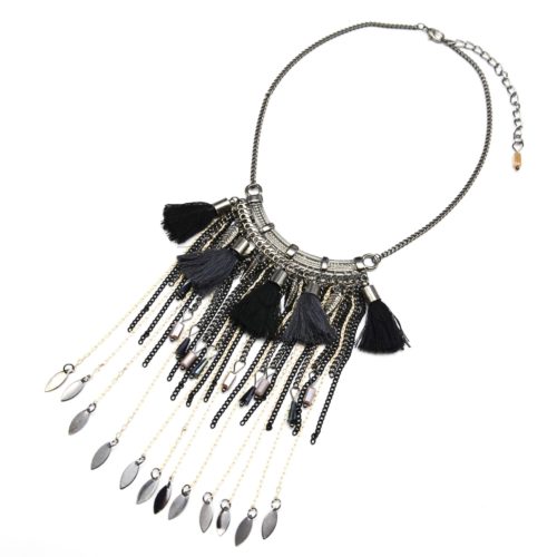 Collier-Plastron-Pompons-Ethnique-avec-Tombee-de-Chaines-et-Perles-Noires