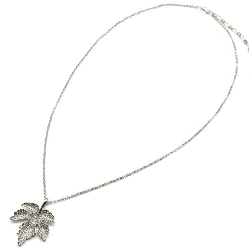 Collier-Chaine-Metal-et-Pendentif-Feuille-Strass-Argente