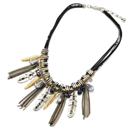 Collier-Cordons-et-Plastron-Ethnique-Chaines-Plumes-Metal-et-Perles-Noir