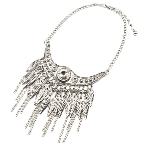 Collier-Plastron-Ethnique-avec-Feuilles-et-Chaines-Metal-Vieilli-Argente