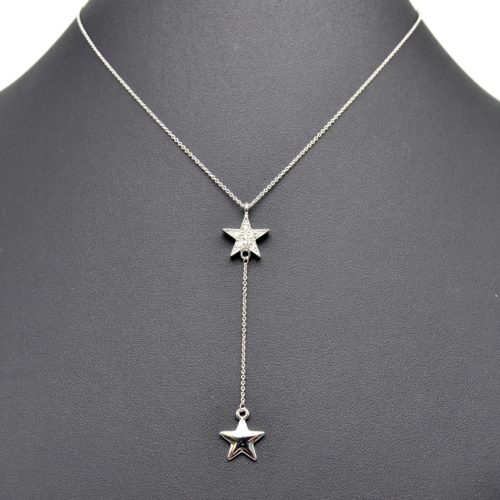 Collier-Fine-Chaine-Pendentif-Double-Etoiles-Strass-et-Metal-Argente