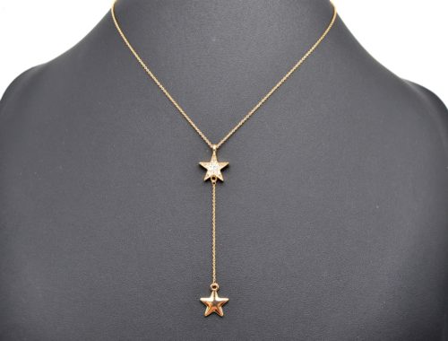 Collier-Fine-Chaine-Pendentif-Double-Etoiles-Strass-et-Metal-Dore