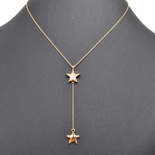 Collier-Fine-Chaine-Pendentif-Double-Etoiles-Strass-et-Metal-Dore