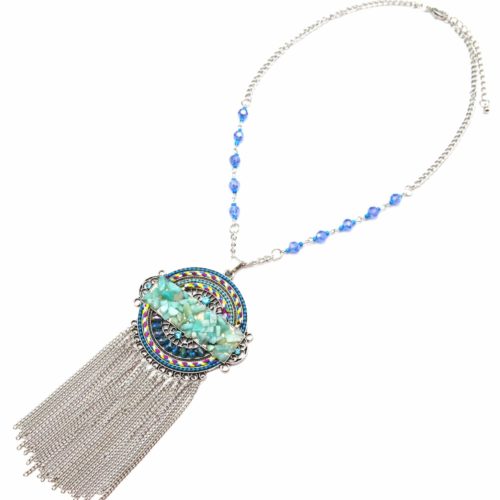 Collier-Pendentif-Cercle-Ethnique-Fils-Perles-Pierres-Turquoise-et-Chaines-Pendantes-Metal-Argente