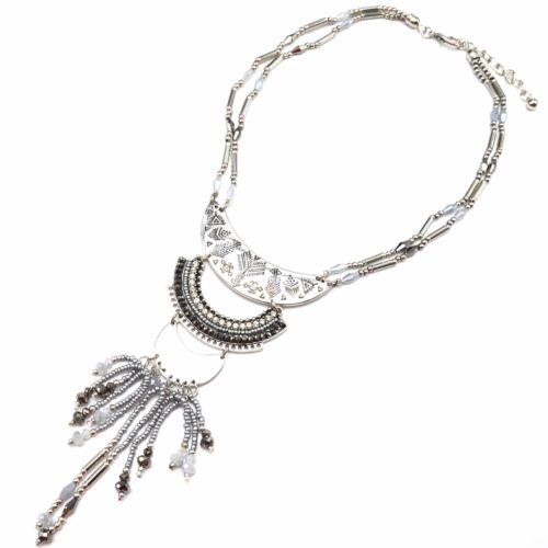 Collier-Pendentif-Multi-Rangs-Torque-Motif-Ethnique-Strass-et-Perles-Rocaille-Gris