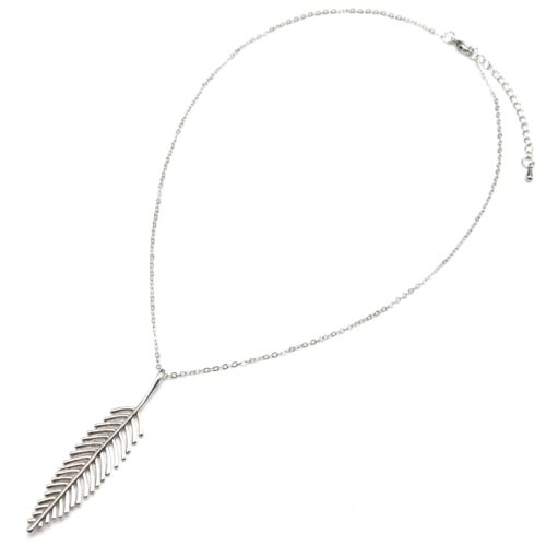 Collier-Fine-Chaine-Pendentif-Feuille-Ciselee-Metal-Argente