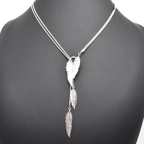 Collier-Double-Chaine-Pendentif-Y-Plumes-Ethnique-Relief-Metal-Argente