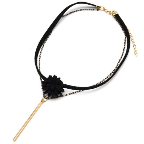 Collier-Ras-du-Cou-Feutrine-Fleur-Noire-et-Chaine-avec-Barre-Metal