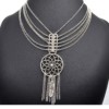 Collier-Multi-Chaines-Pendentif-Rosace-Ajouree-Metal-Vieilli-Argente-avec-Plume-et-Pierre-Bleu