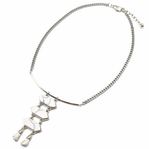 Collier-Chaine-Metal-Argente-et-Pendentif-Ethnique-Pierres-Pendantes-Effet-Marbre-Blanc