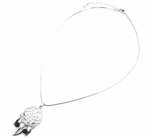 Collier-Pendentif-Petit-Dreamcatcher-Attrape-Reves-Contour-Strass-avec-Perles-et-Plumes-Metal-Argente