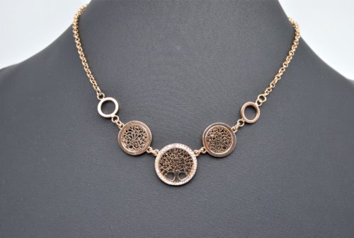 Collier-Fine-Chaine-avec-Pendentif-Multi-Cercles-Ajoures-Arbre-de-Vie-Metal-Strass-Or-Rose