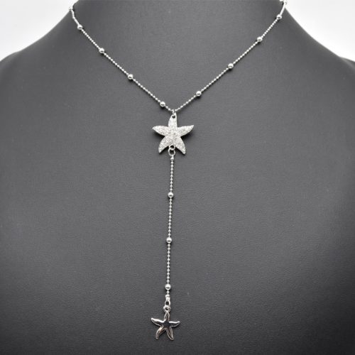 Necklace-Fine-chain-with-balls-and-pendant-Y-Stars-de-Mer-rhinestones-Metal-Silver