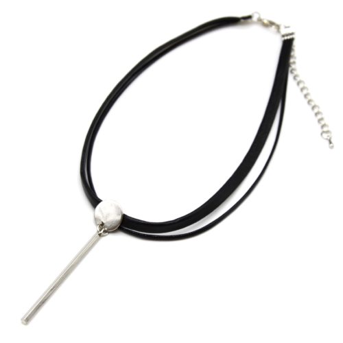 Necklace-choker-flush-neck-imitation-leather-black-and-pendant-circle-Bar-Metal-Silver