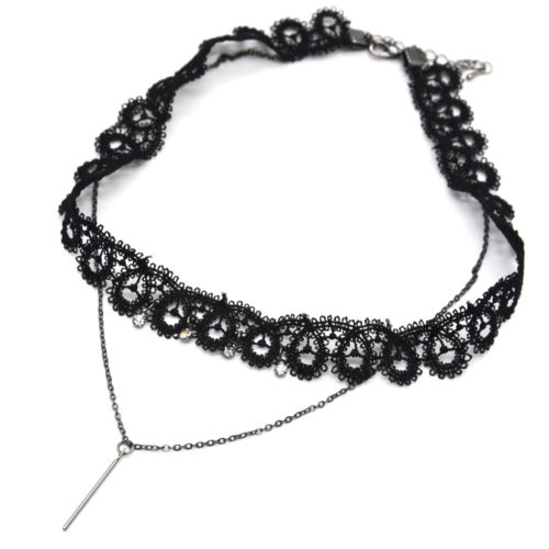 Necklace-choker-Ras-neck-band-lace-and-rhinestones-with-chain-pendant-Bar-Metal-Grey