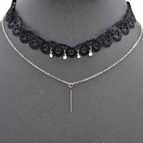 Necklace-choker-Ras-neck-band-lace-and-rhinestones-with-chain-pendant-Bar-Metal-Grey