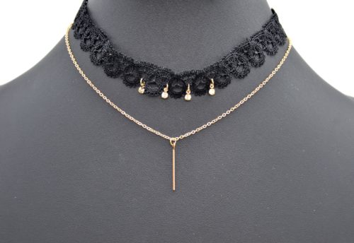 Collier-Choker-Ras-du-Cou-Bande-Dentelle-et-Strass-avec-Chaine-Pendentif-Barre-Metal-Or-Rose